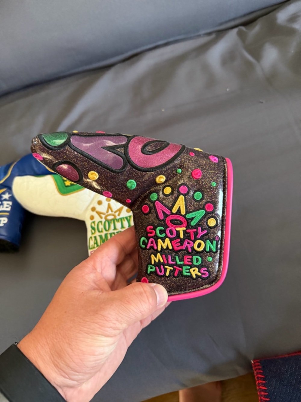 Scotty Cameron Black Glitter Patchwork Putter Headcover with Pink Trim